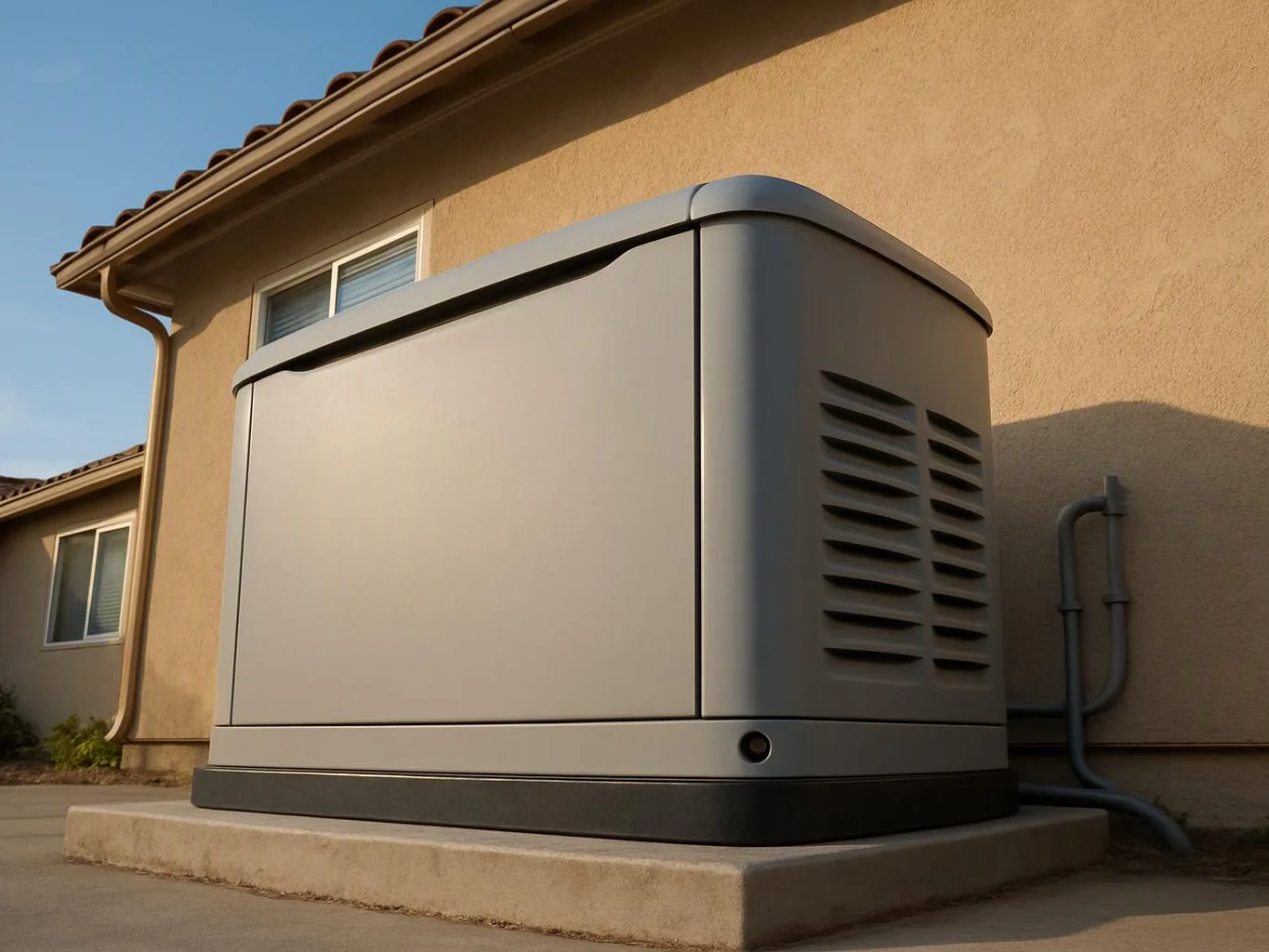 A large gray backup generator sits on a concrete pad beside a tan house in warm daylight
