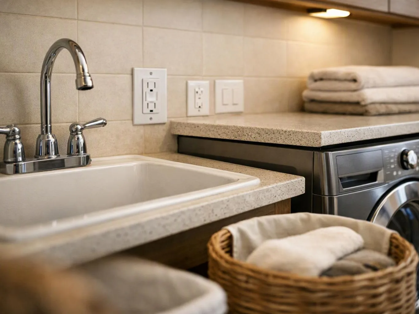 A laundry room sink sits beside a countertop with folded towels and a front-loading washer below