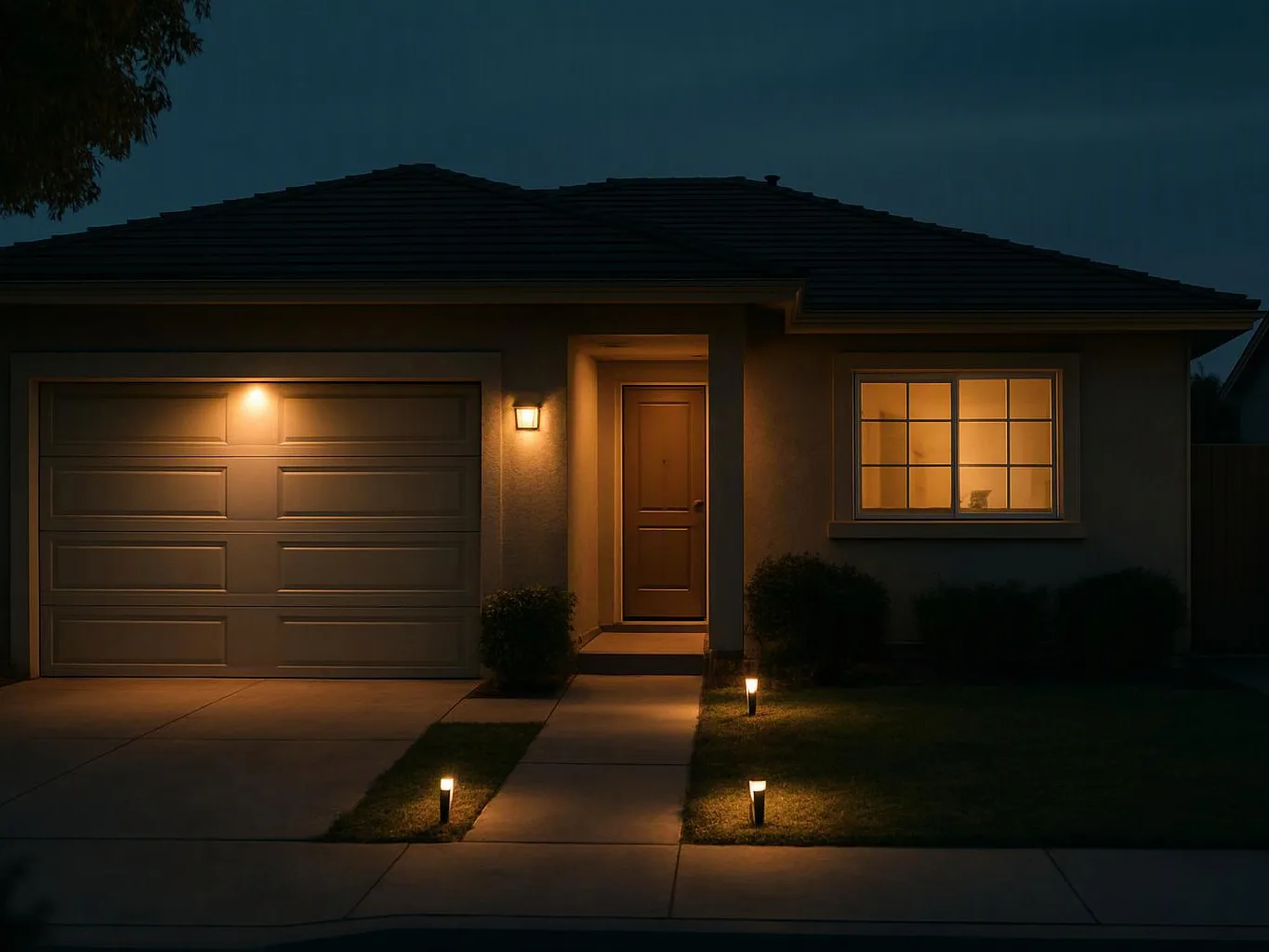 A lit suburban house at night shows a garage, front door, glowing window, and pathway lights