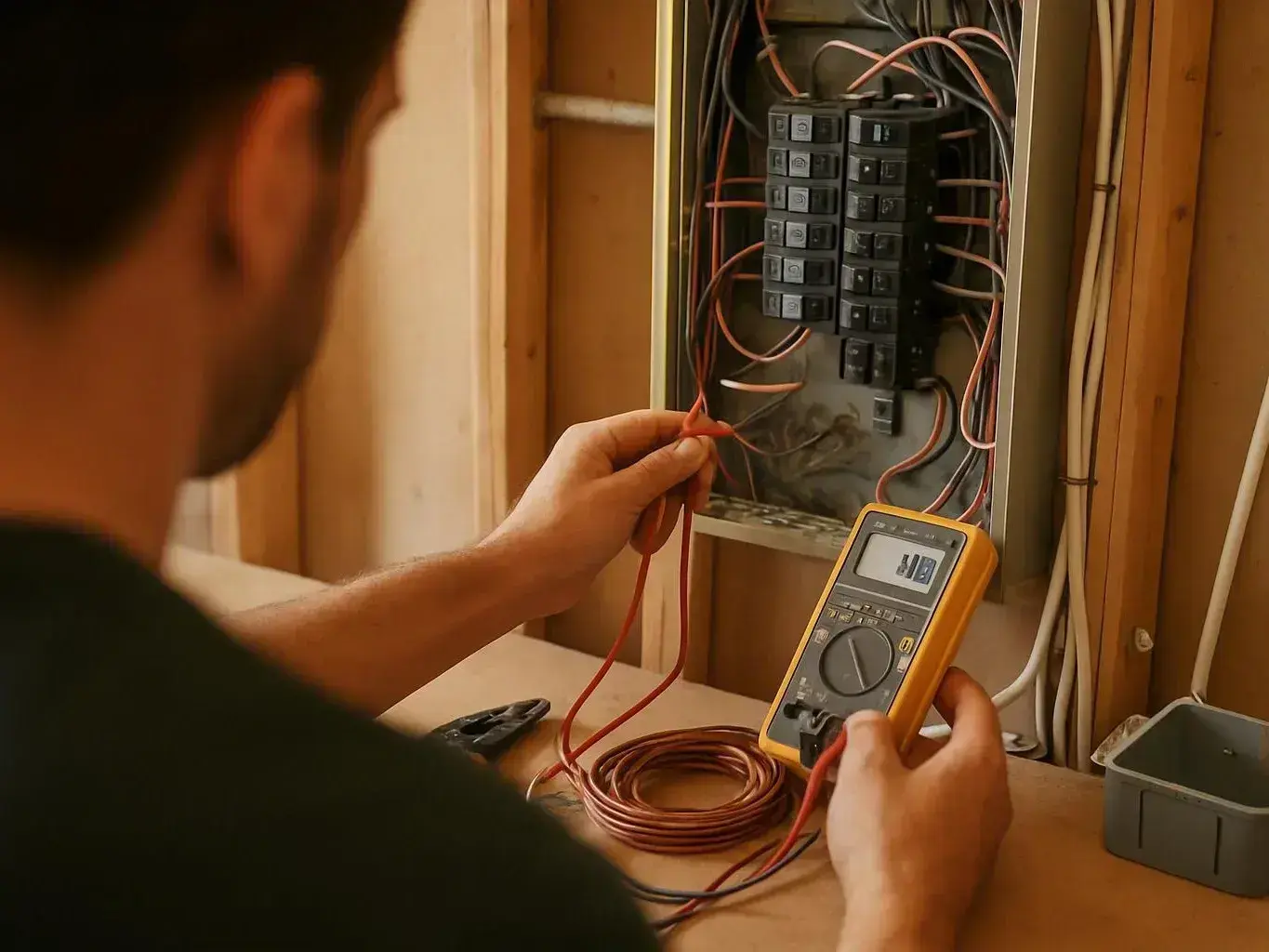 Technician tests wiring inside an open electrical panel set between wall studs