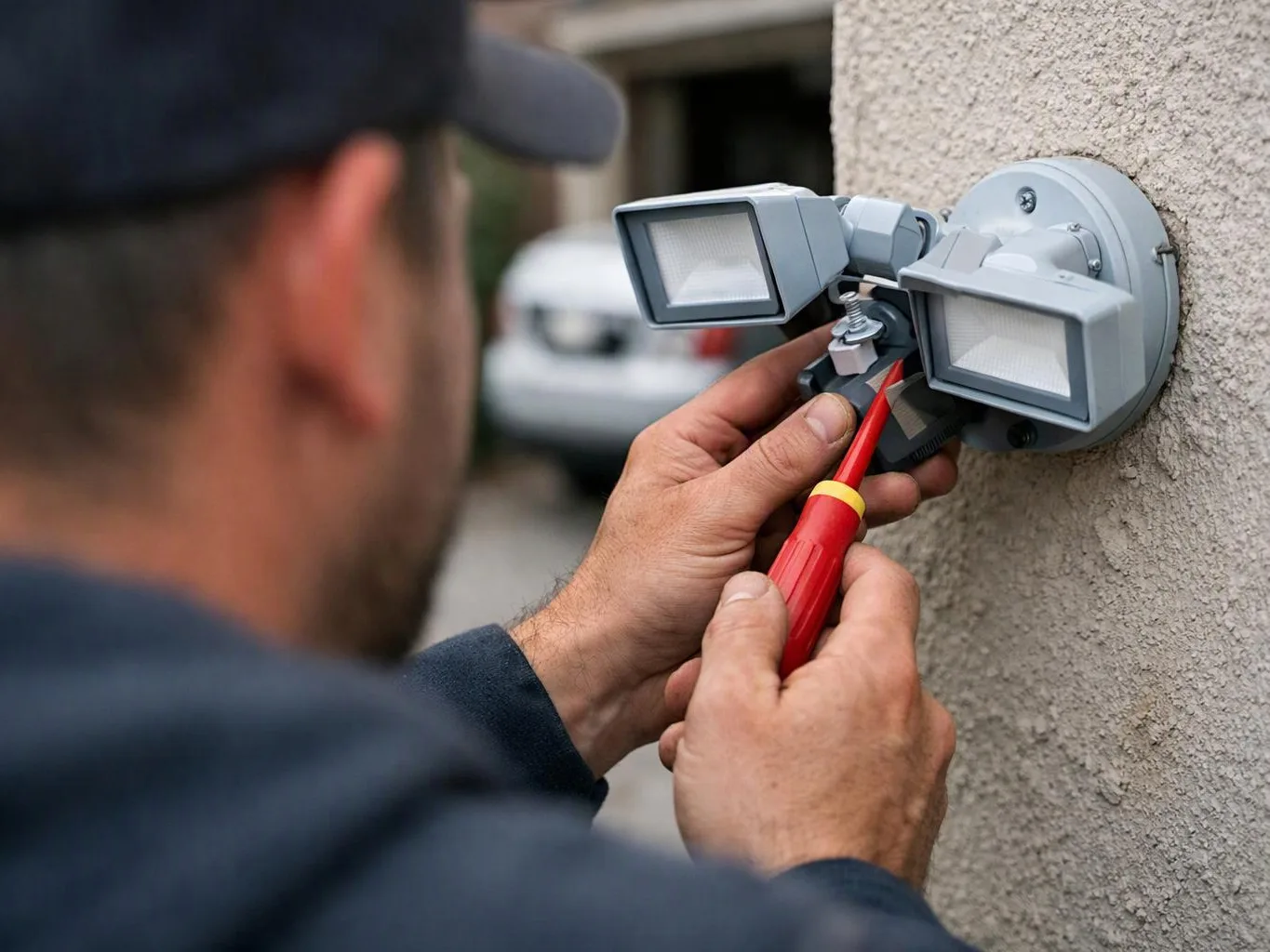 A man adjusts a wall-mounted motion light with a screwdriver beside a stucco wall
