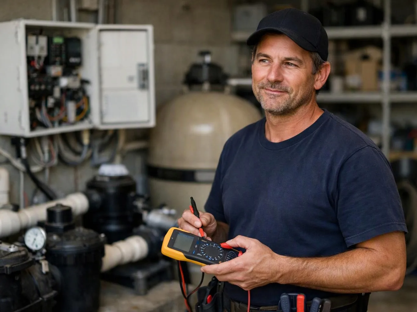 A man in a black cap holds a multimeter in a pump room beside pipes and electrical equipment