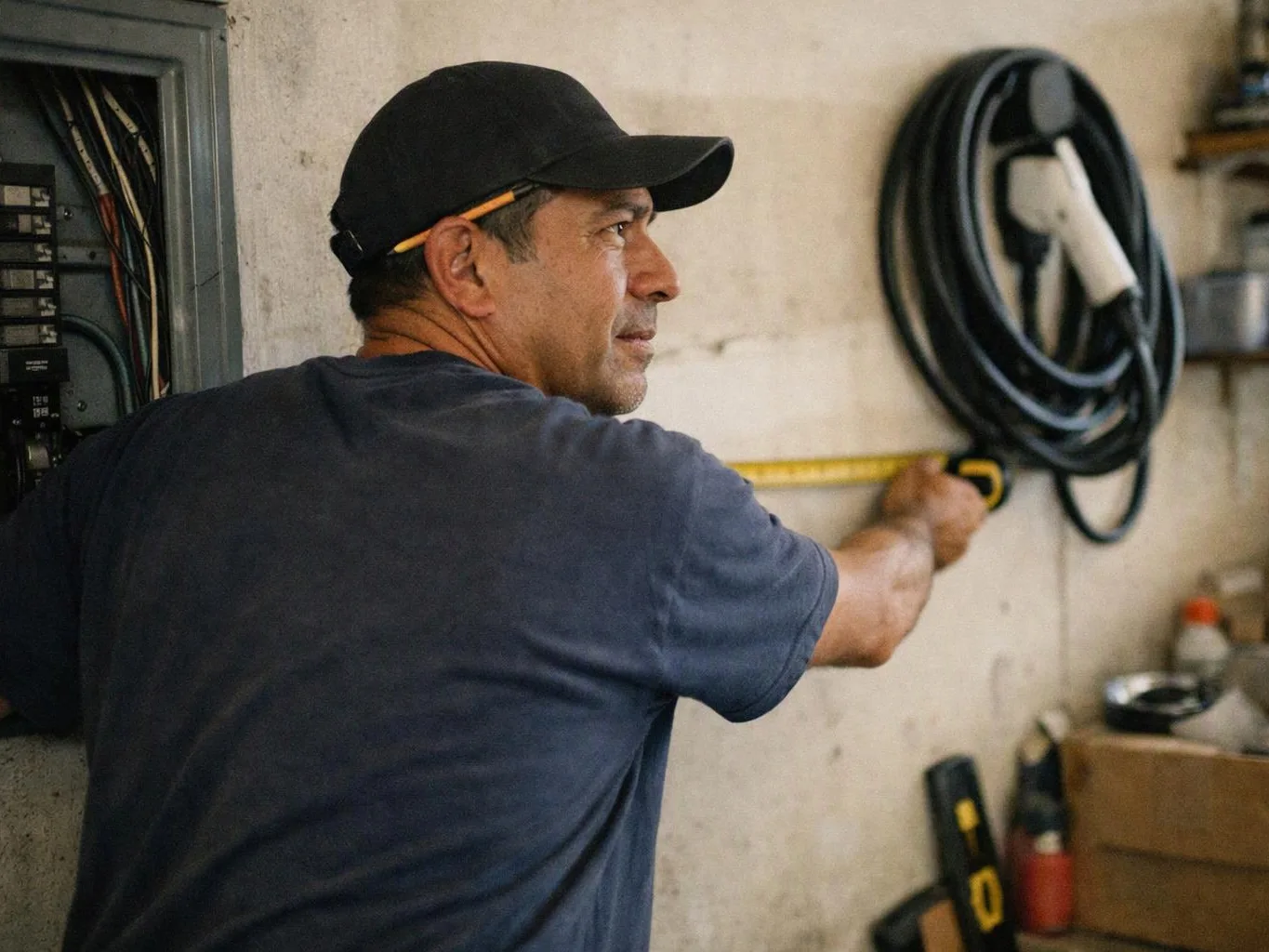 A man in a black cap measures a wall with a tape measure in a workshop