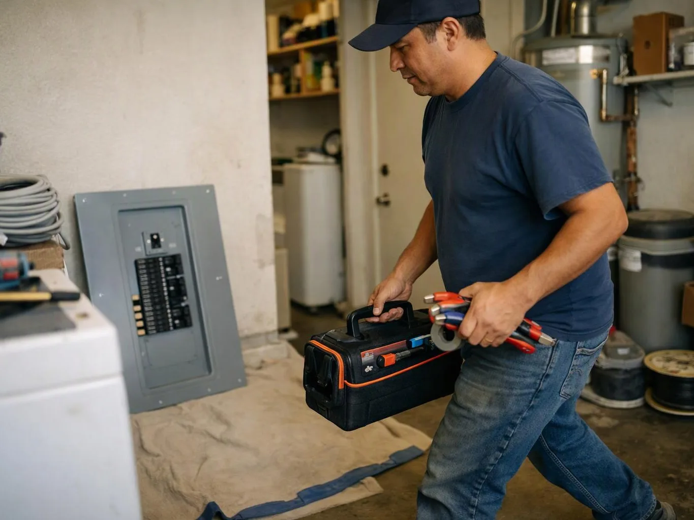 A man in a blue cap carries a tool bag and wiring tools through a cluttered utility room