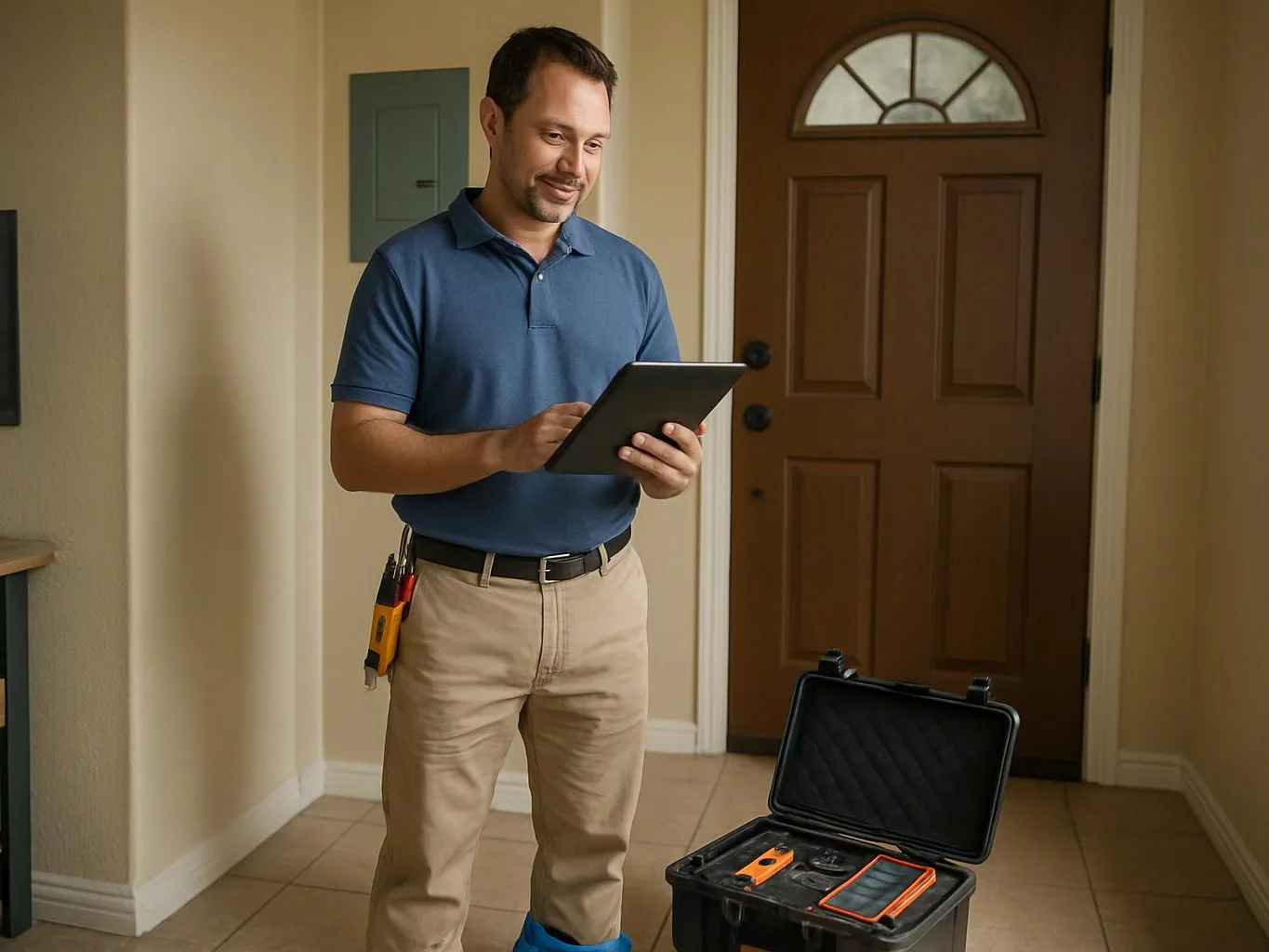 A man in a blue polo uses a tablet beside an open tool case near a front door