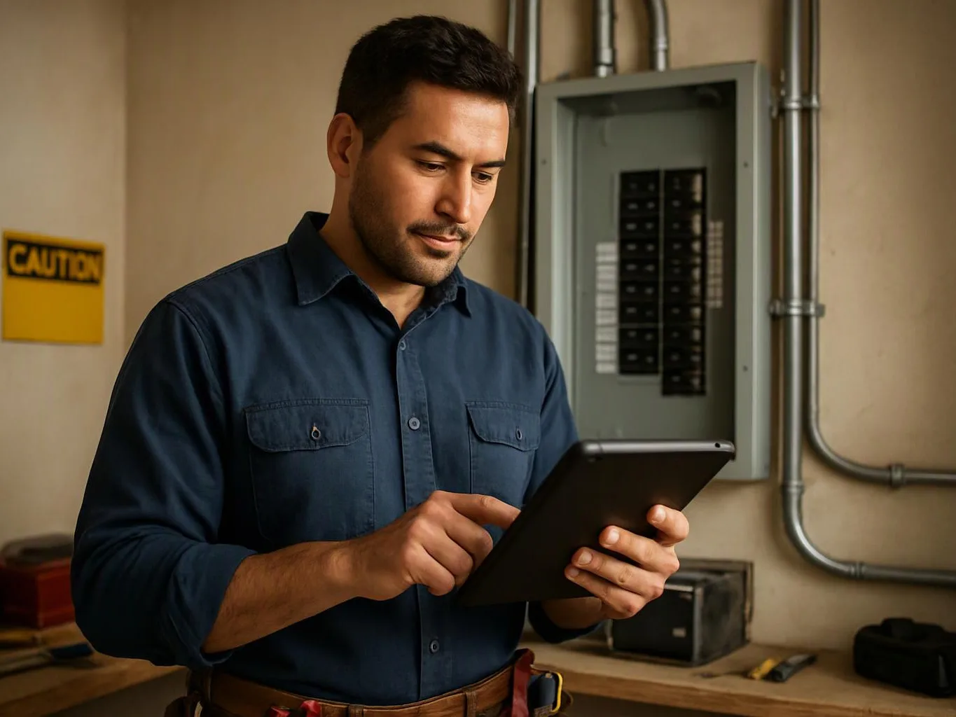 A man in a blue shirt uses a tablet beside an electrical panel in a utility room