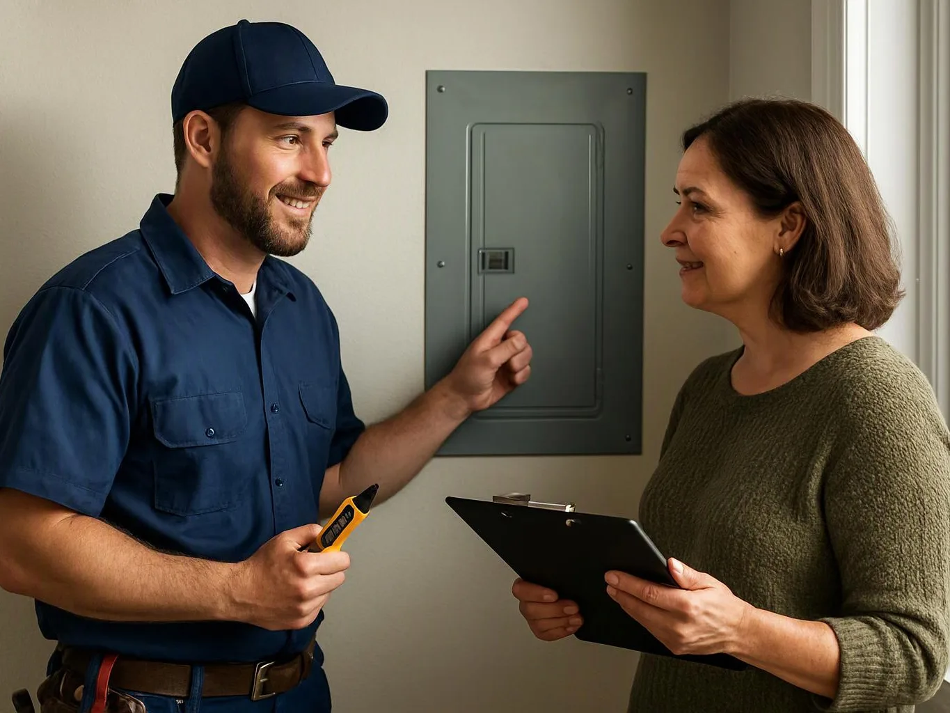 A man in a blue uniform points at an electrical panel while a woman holds a clipboard in a hallway