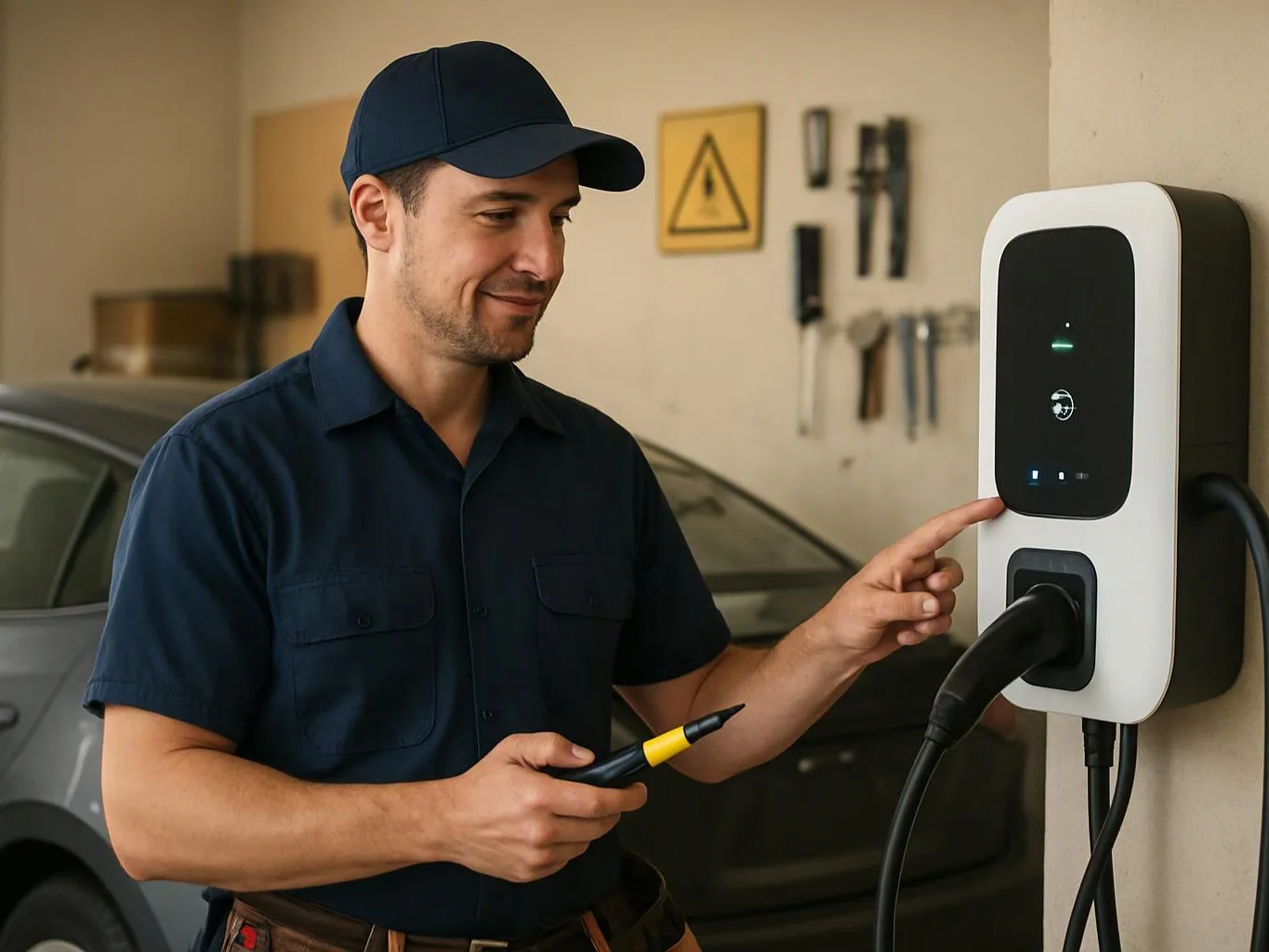 A man in a blue uniform points at a wall-mounted charging unit beside a parked car in a garage