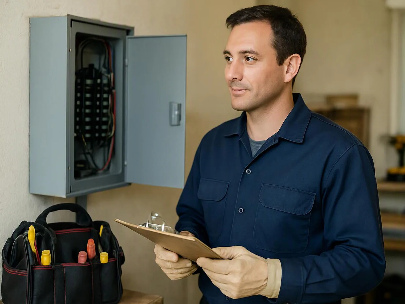 A man in a blue work shirt stands by an open electrical panel, holding a clipboard in a workshop