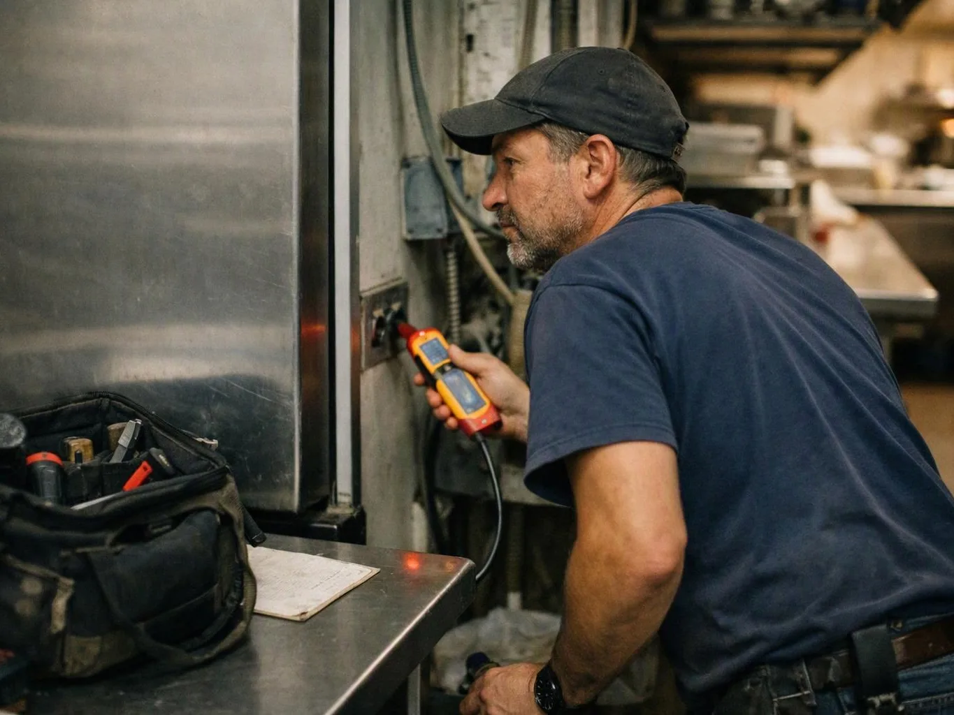 A man in a cap checks a metal machine with a handheld meter in a workshop