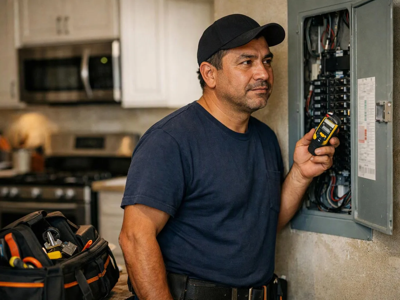 A man in a cap checks an open electrical panel with a handheld meter in a kitchen area
