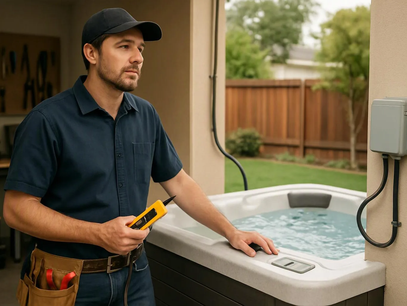 A man in a cap holds a yellow tester beside a bubbling hot tub in a backyard