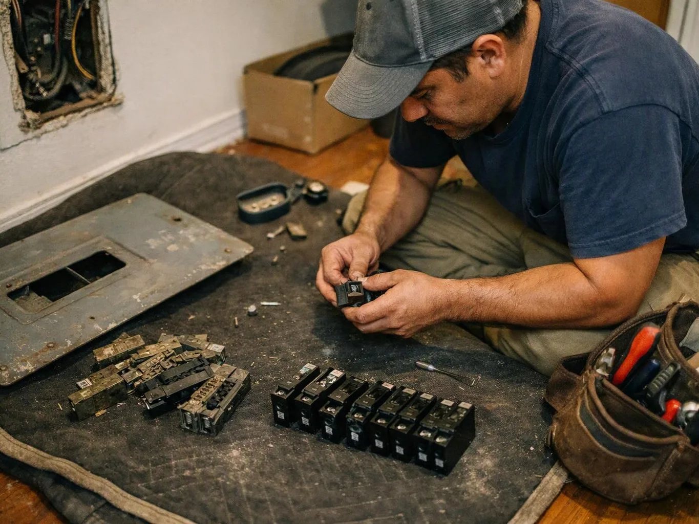 A man in a cap kneels on a floor, sorting electrical switch parts beside scattered tools and a panel opening