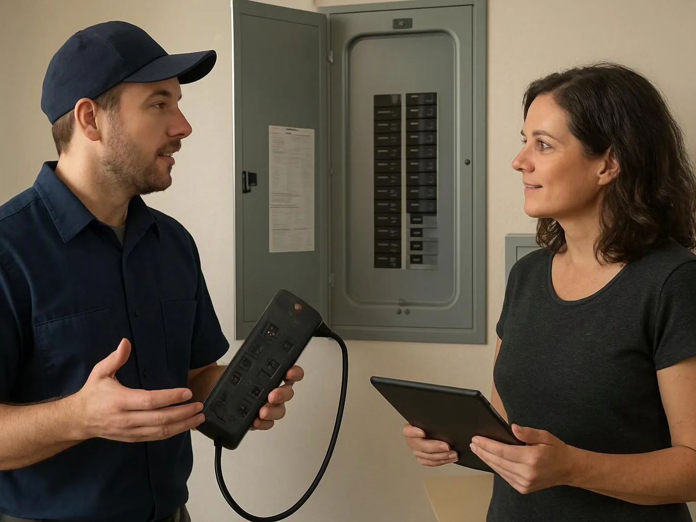 A man in a cap shows a power strip to a woman holding a tablet near an open breaker panel