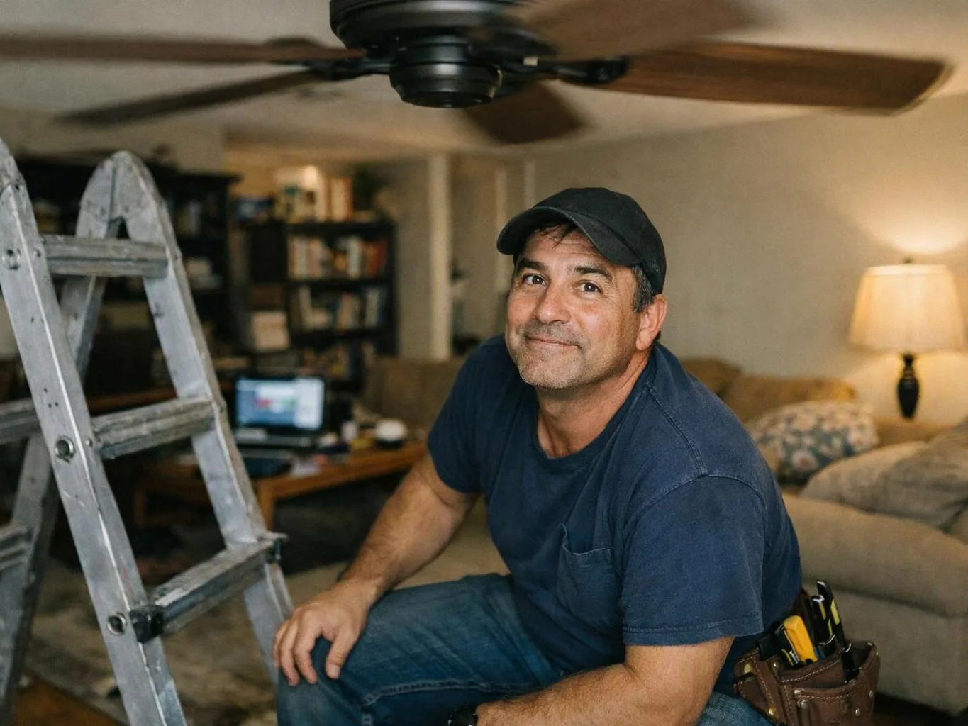 A man in a cap sits by a ladder in a living room under a ceiling fan