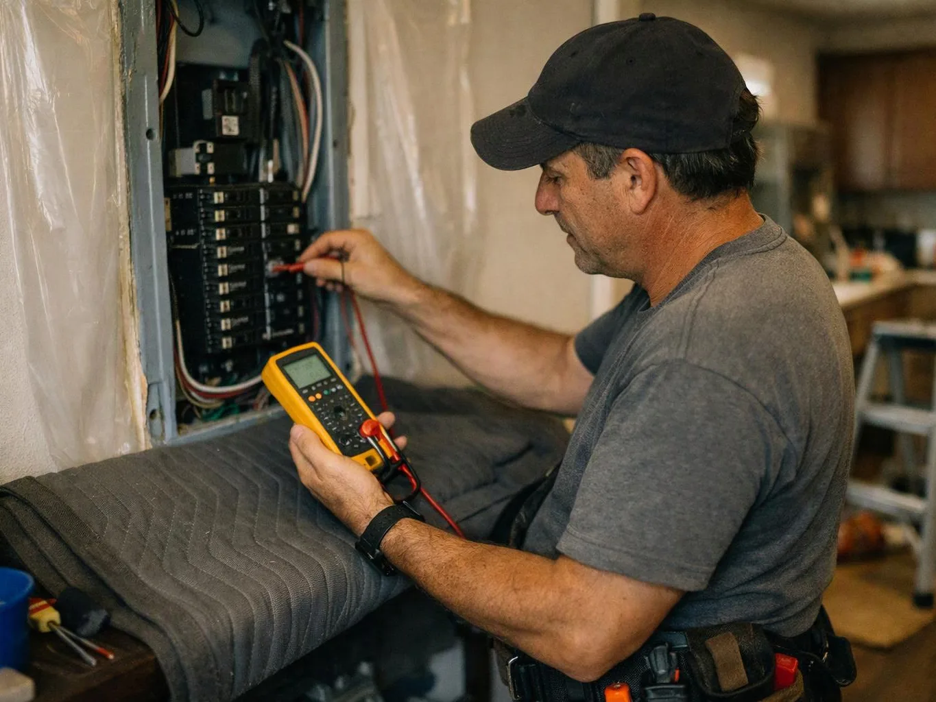 A man in a cap tests wiring in an open electrical panel with a yellow multimeter indoors