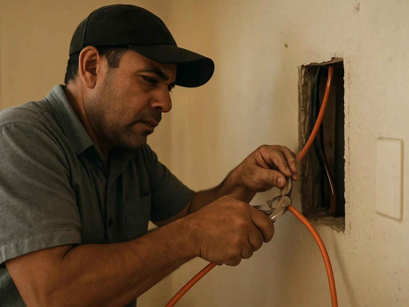 A man in a cap works on orange cables inside a wall opening in a bare room