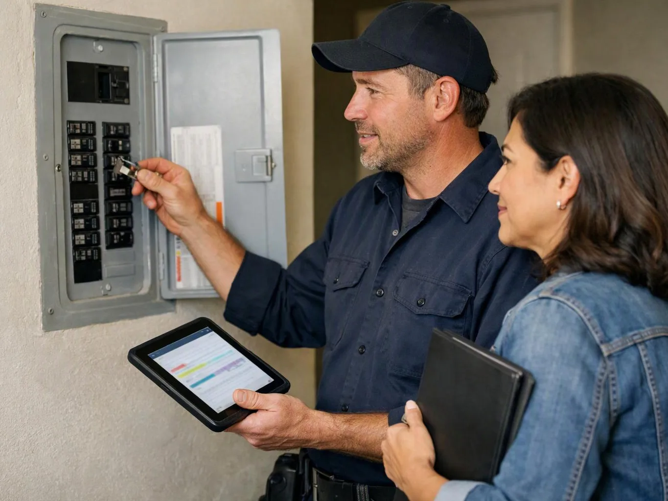 A man checks an electrical breaker panel with a woman holding a tablet beside him