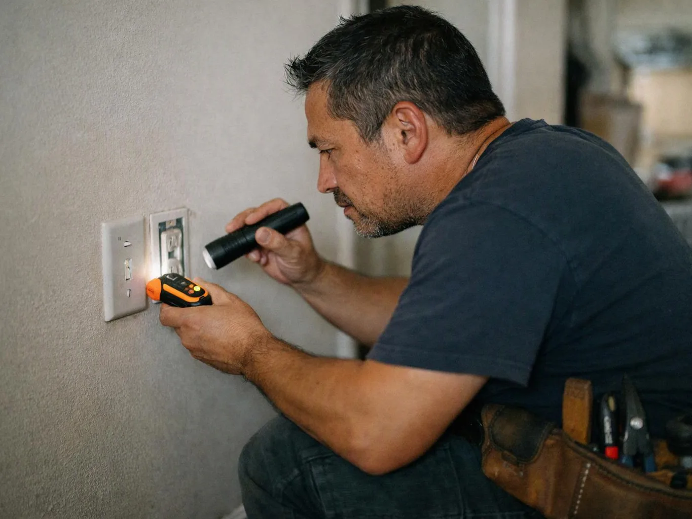 A man crouches by a wall outlet, checking it with a flashlight and a voltage tester