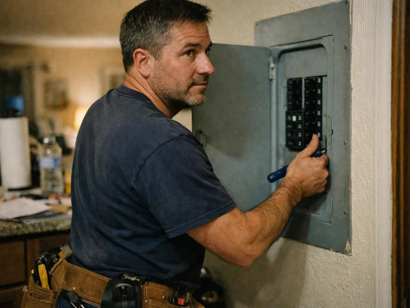 A man in a dark shirt works on an open electrical breaker panel inside a home