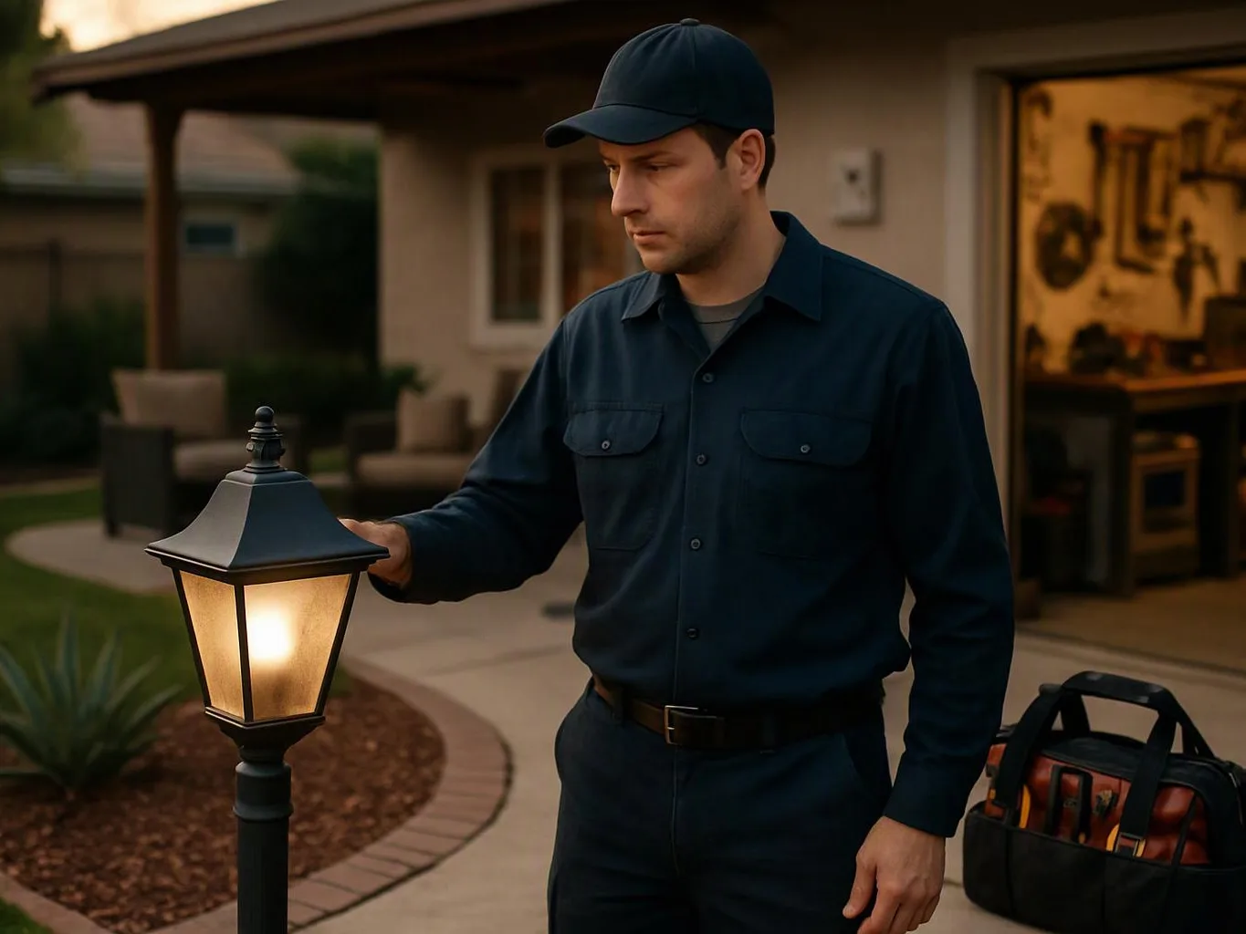 A man in a dark uniform checks a glowing lamp beside a house patio at dusk