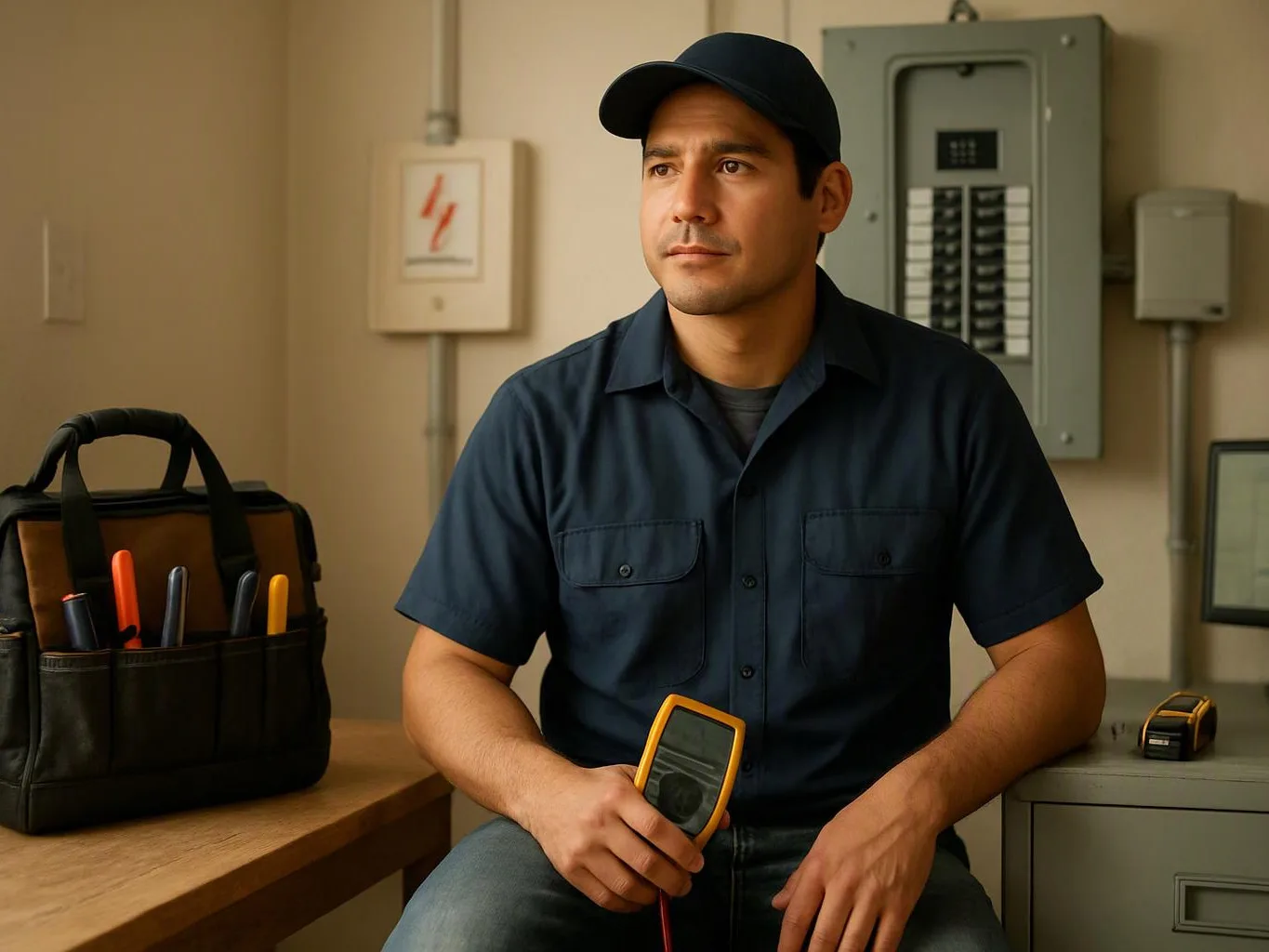 A man in a dark work shirt and cap sits in a utility room holding a handheld tester beside tool bags and electrical panels