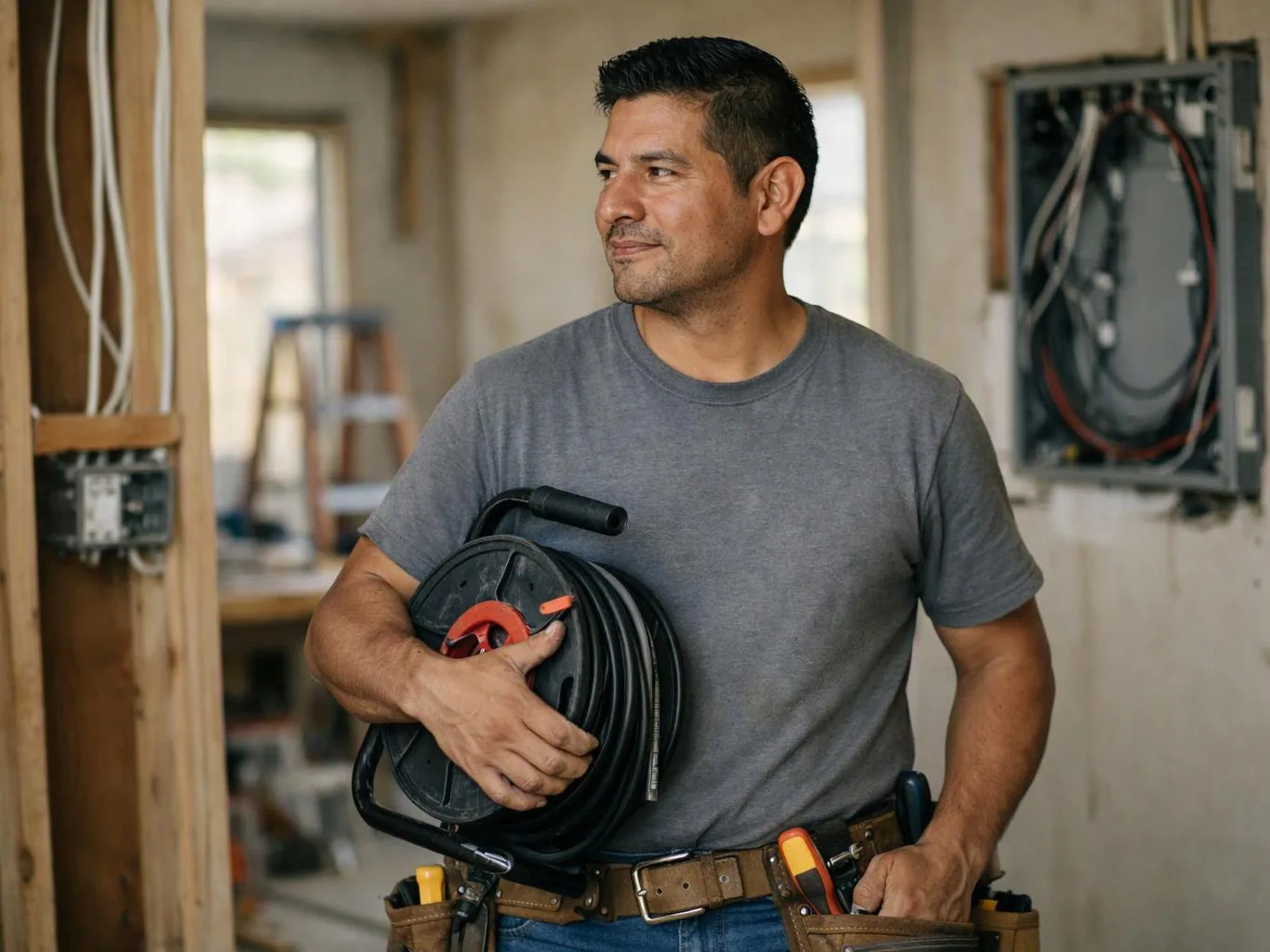 A man in a gray shirt holds a coiled cable reel inside a room under construction