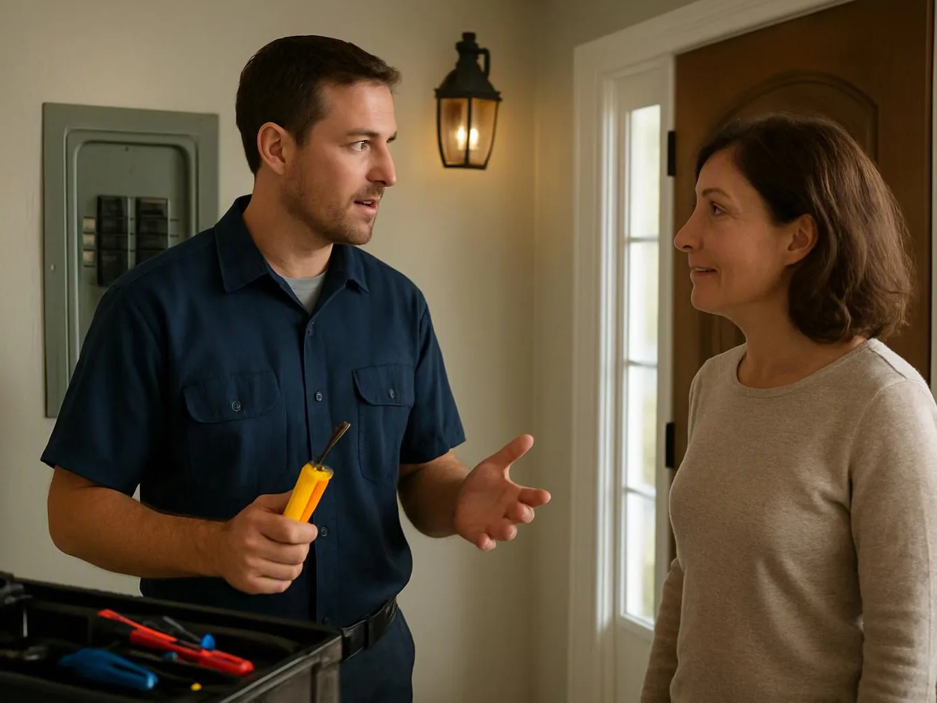 A man holding a yellow screwdriver talks to a woman in a home entryway near an open toolbox