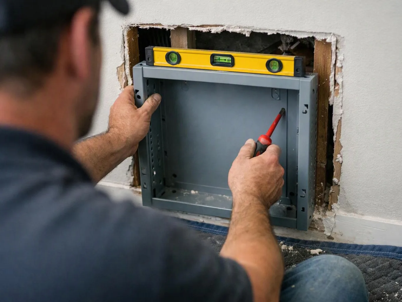 A man installs a gray wall box with a level, using a screwdriver in a cutout wall opening