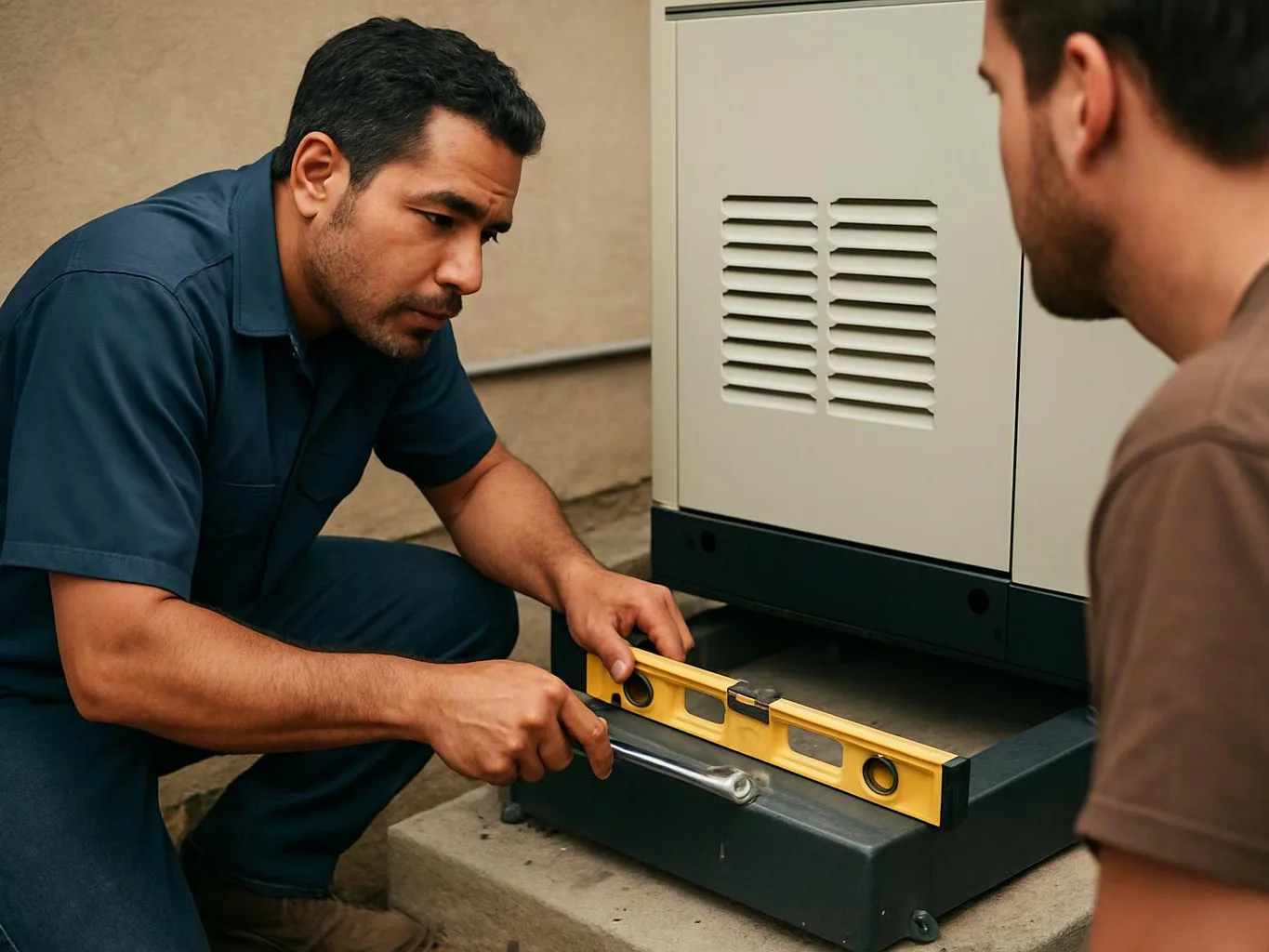 A man kneels beside a generator, using a wrench and level while another man watches nearby