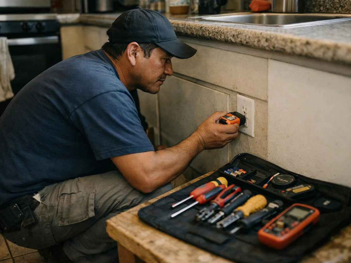 A man kneels by a kitchen wall outlet, testing it with a handheld meter beside open tools