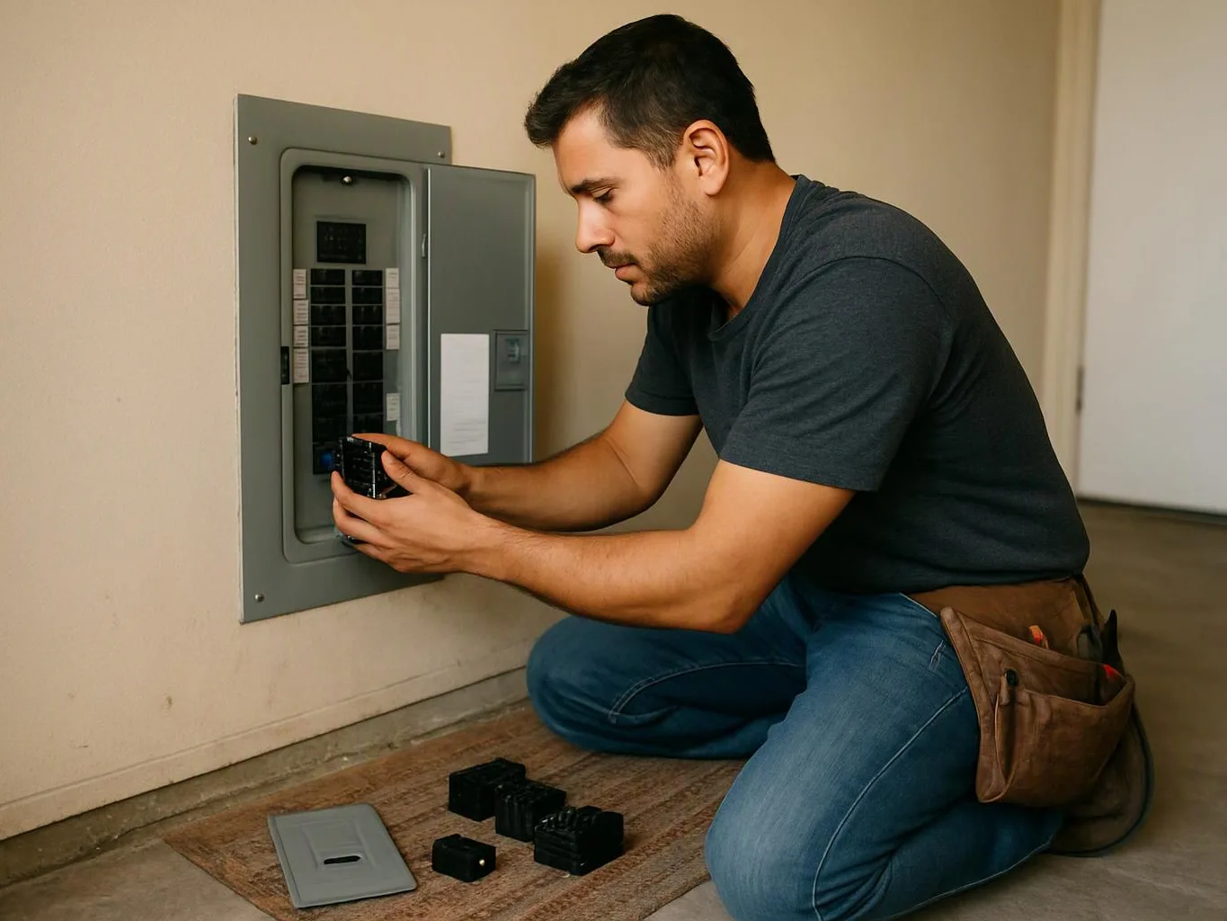 A man kneels by an open electrical panel, holding a small device and working indoors on the wall unit