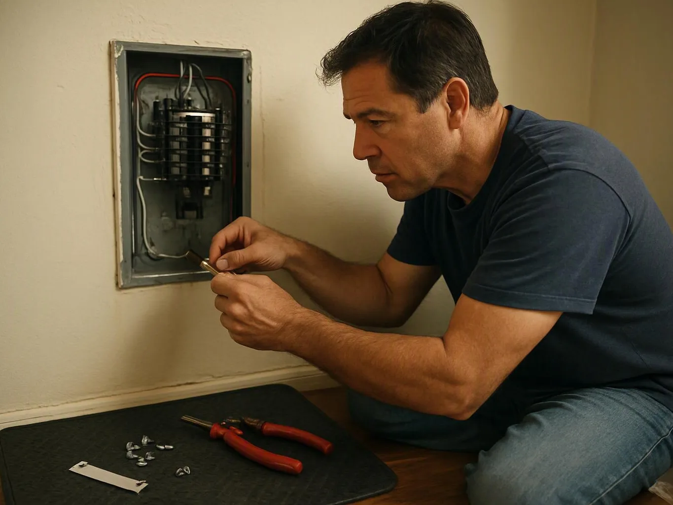 A man kneels by an open electrical panel, using pliers and inspecting exposed wiring in a room