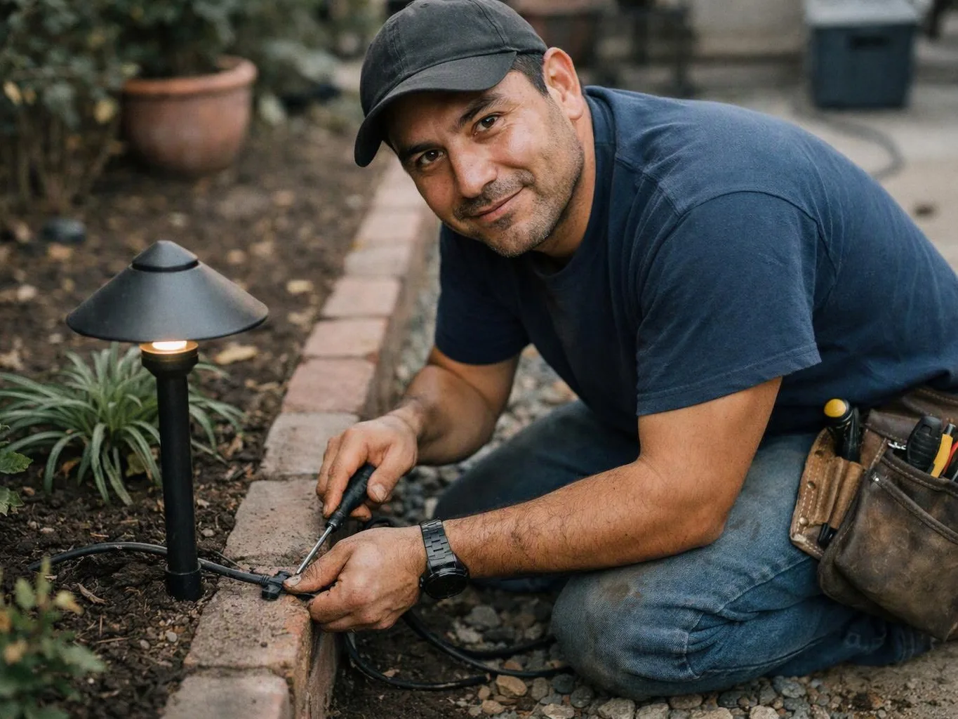 A man kneels outdoors, wiring a small garden light beside a brick edging in a yard