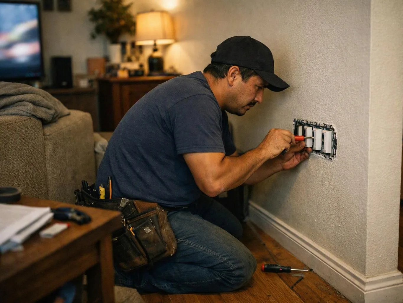 A man kneels by a wall outlet, using a screwdriver to install switches in a living room