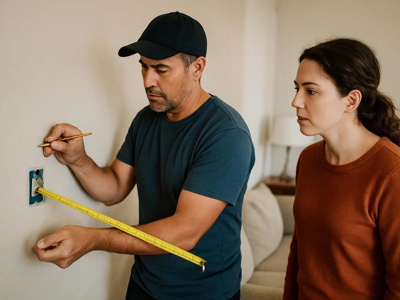 A man measures a wall outlet with a tape while a woman watches in a living room