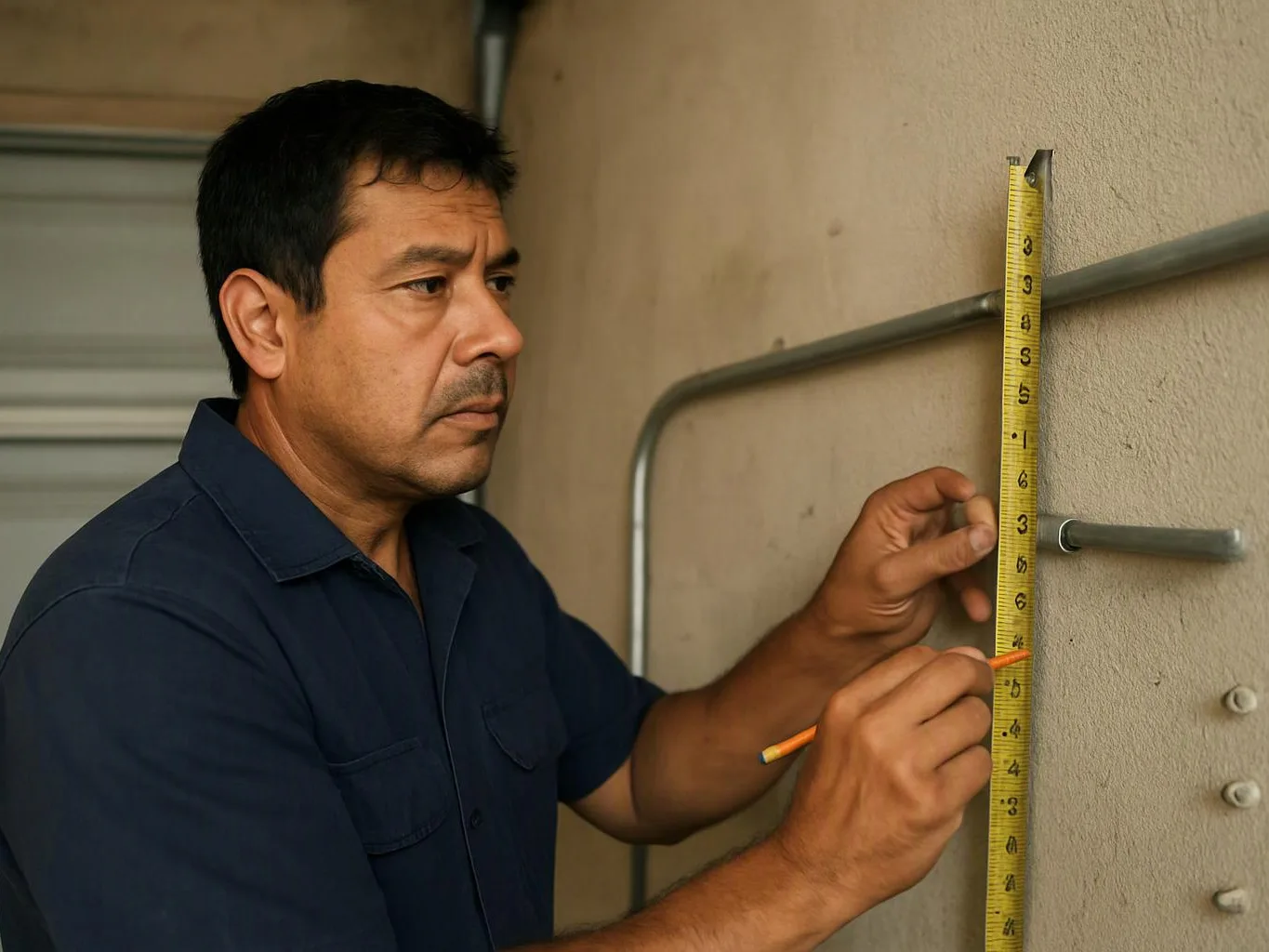 A man measures a wall with a tape and pencil in a plain indoor space