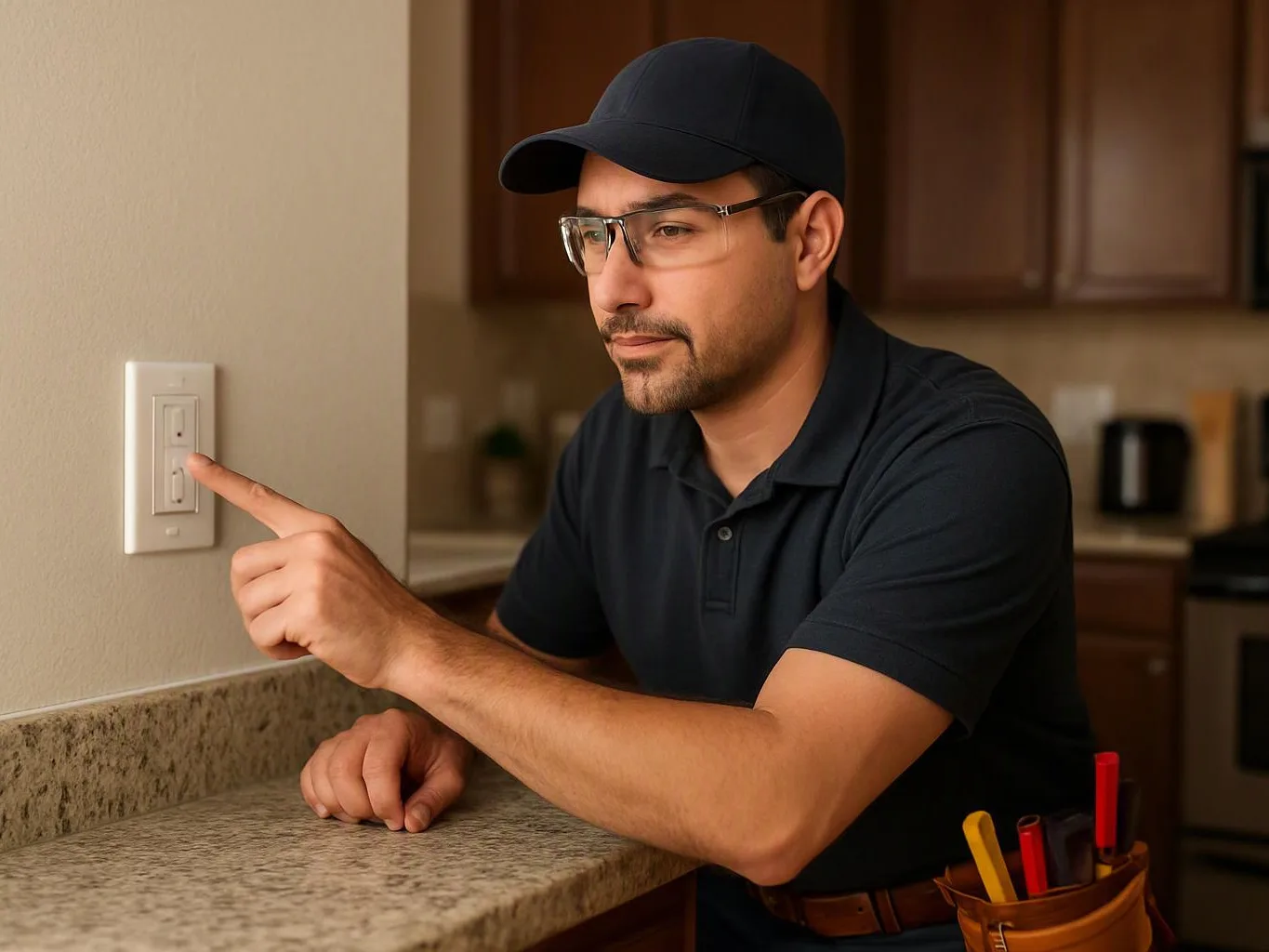 A man in a navy cap and glasses points at a wall light switch in a kitchen