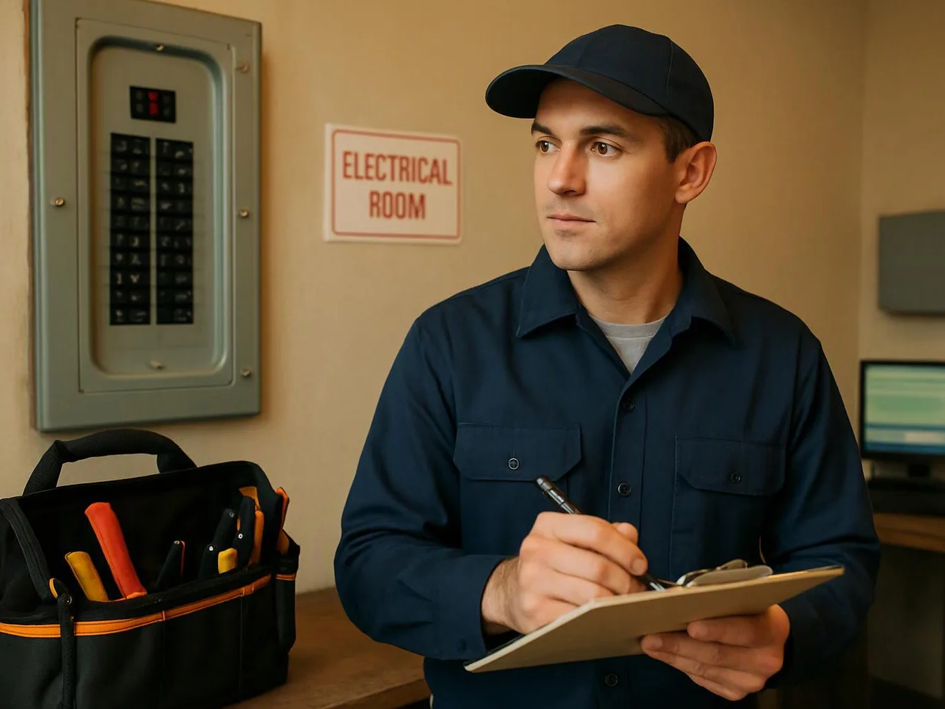 A man in a navy uniform writes on a clipboard beside an electrical panel and tool bag inside a room