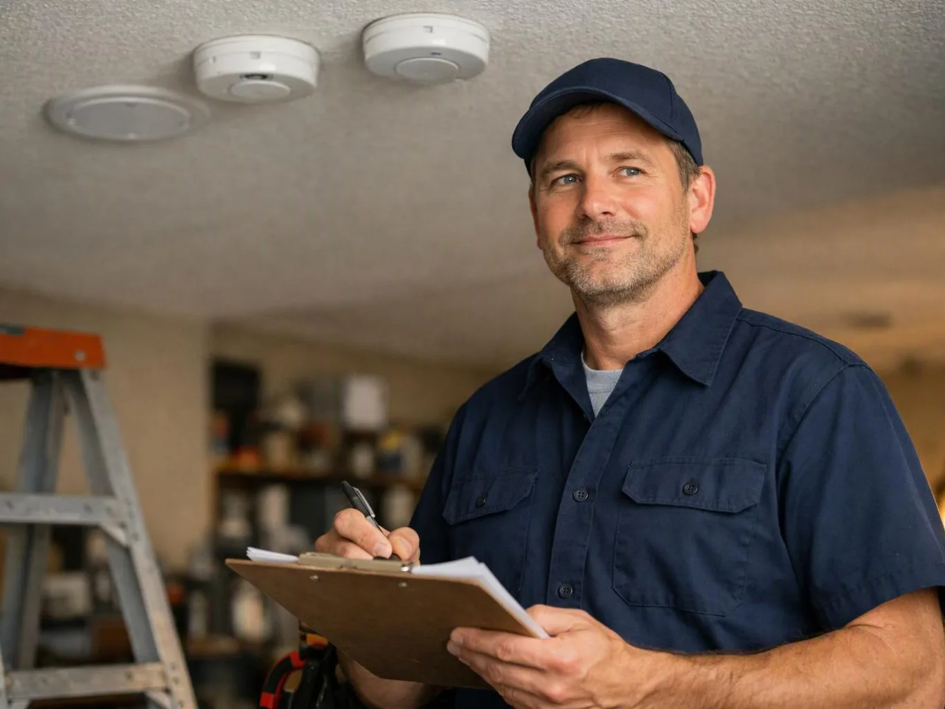 A man in a navy uniform writes on a clipboard beside a ladder inside a house