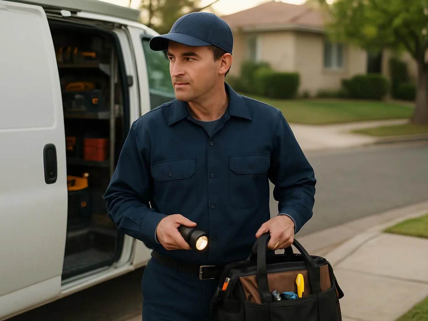 A man in a navy work uniform stands by a white van, holding a flashlight and tool bag on a suburban street