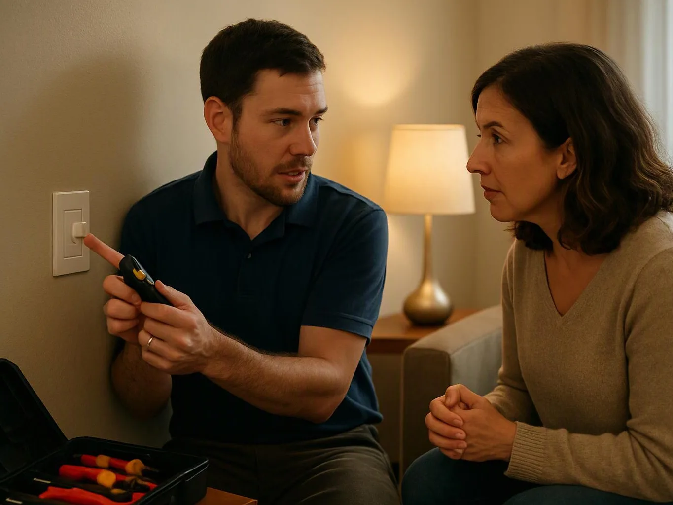A man points a voltage tester at a wall switch while a woman watches in a living room
