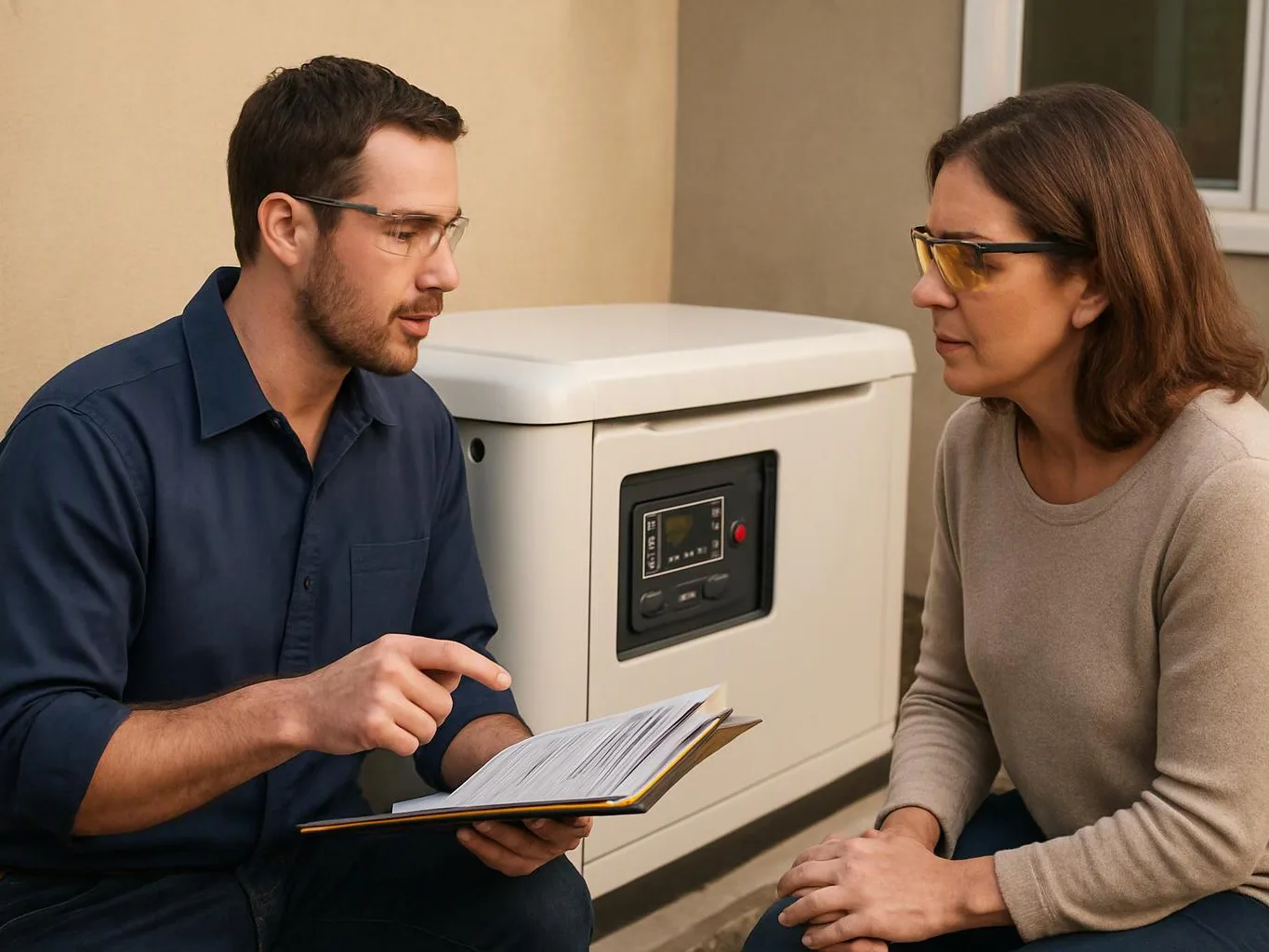 A man shows papers to a woman beside a large white generator outside a building