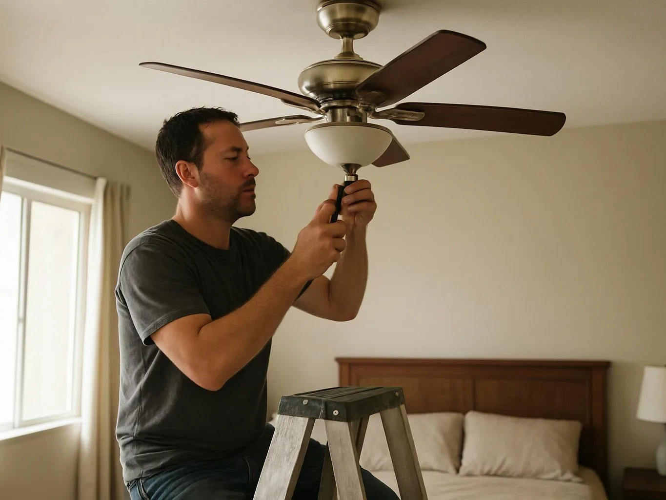 A man stands on a ladder tightening a ceiling fan in a bedroom with a bed and window