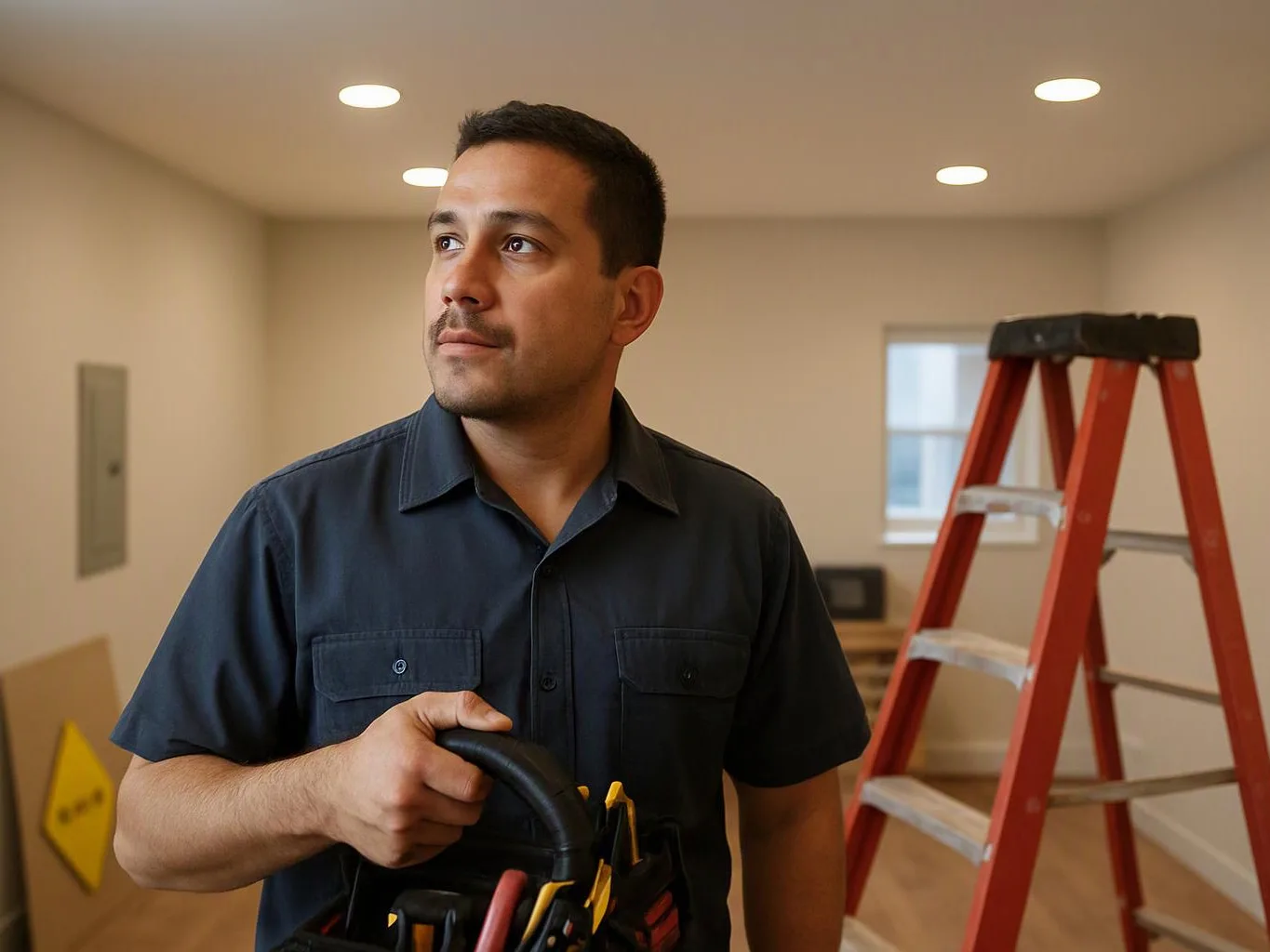 A man stands in a partly finished room holding a tool bag near a red step ladder