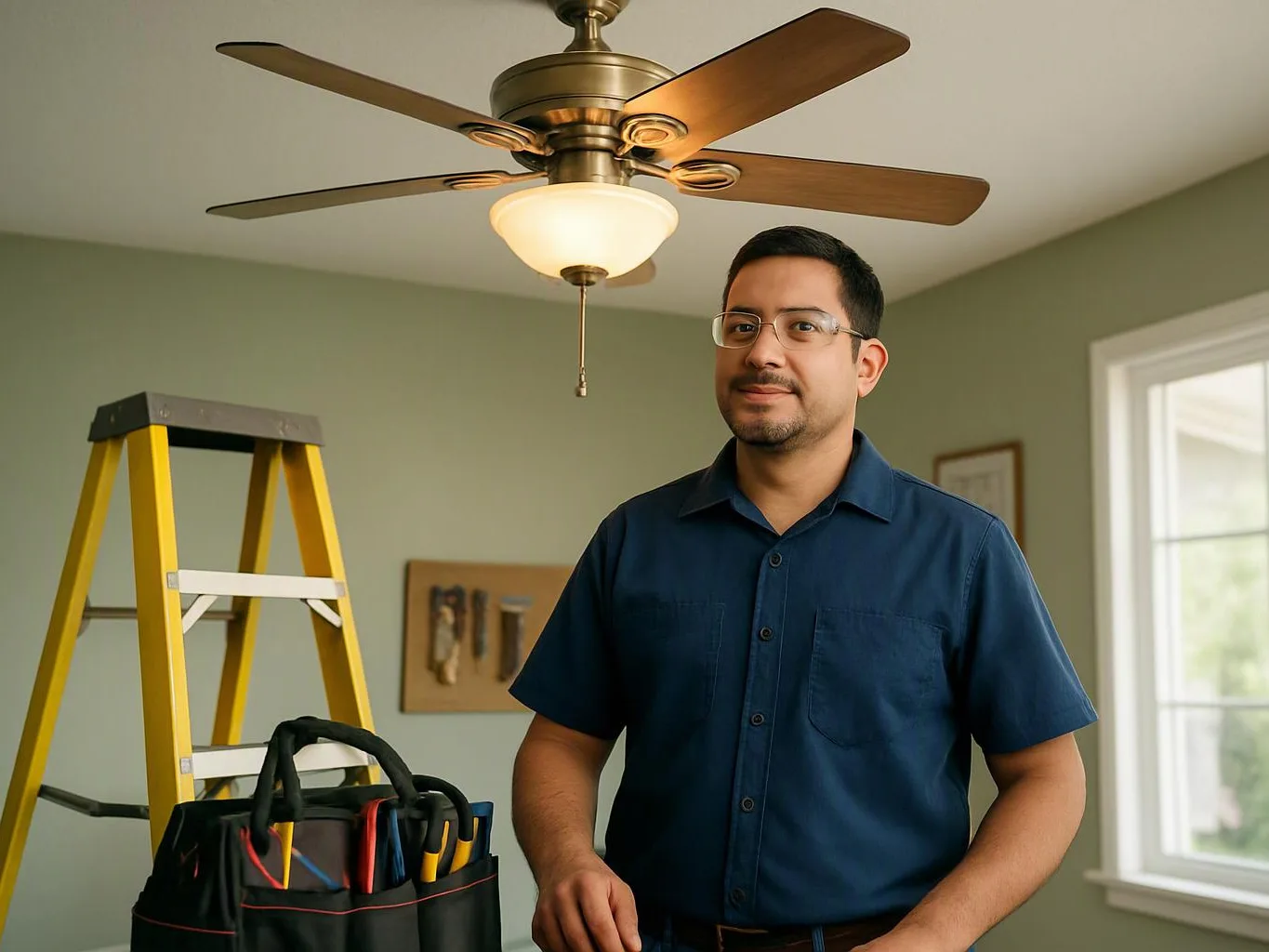 A man stands under a ceiling fan in a room with a ladder and tool bag nearby
