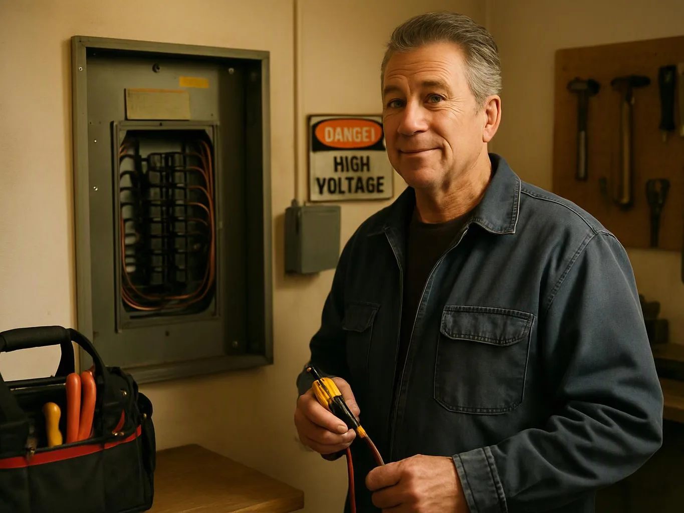 A man stands in a workshop holding wire cutters beside an open electrical panel and a high voltage sign