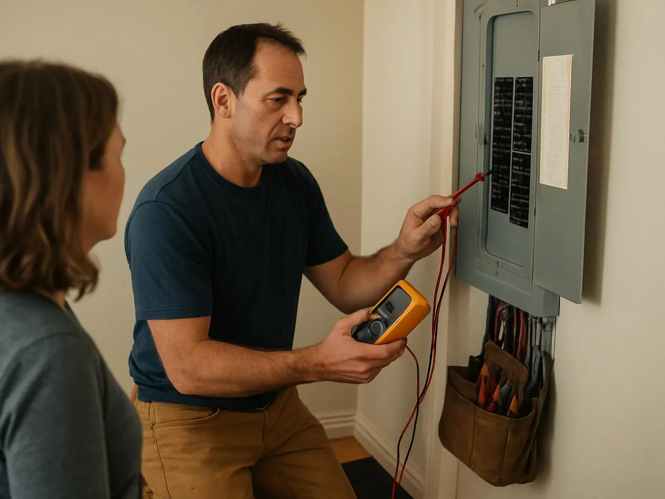 A man tests an open electrical panel with a multimeter while a woman watches nearby