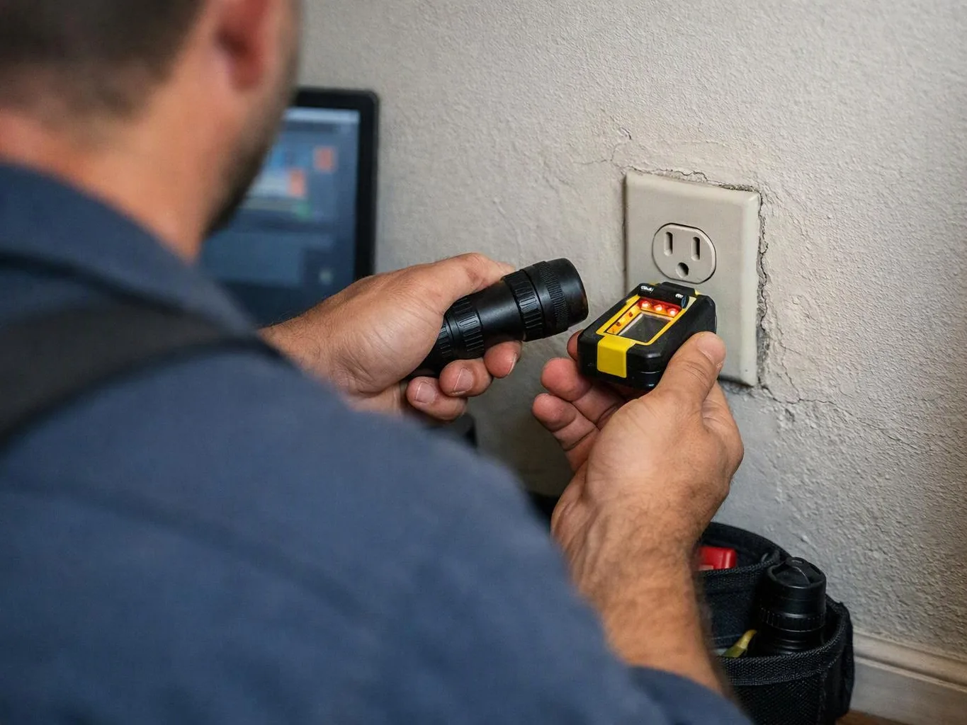 A man tests a wall outlet with a handheld electrical meter beside a computer screen