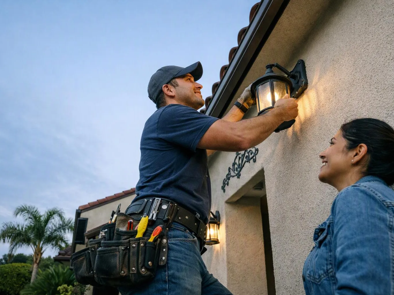 A man in a tool belt installs an outdoor wall lantern while a woman watches beside a stucco house